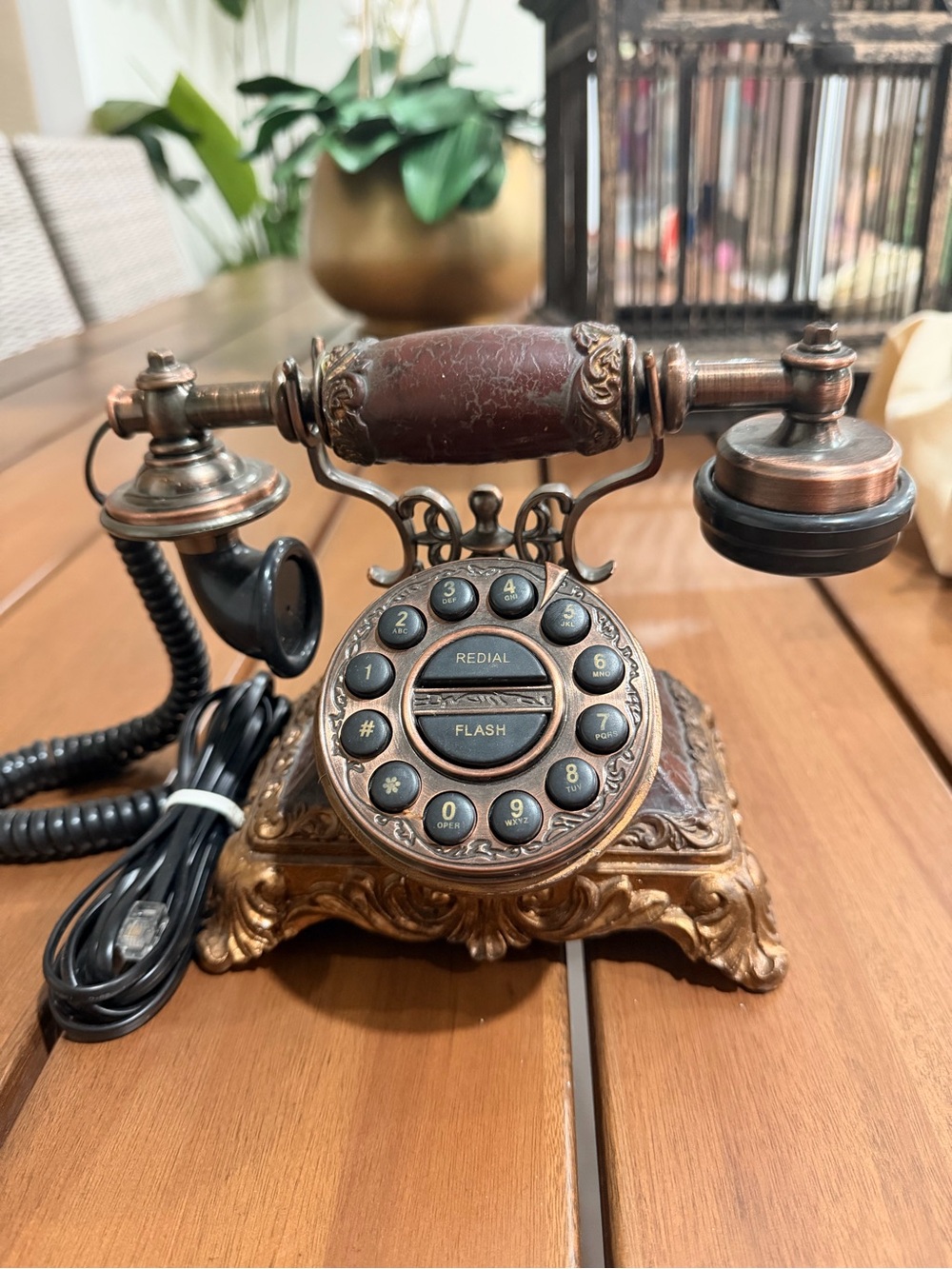 Antique-Style Corded Telephone in Brown and Gold - Classic Rotary Design